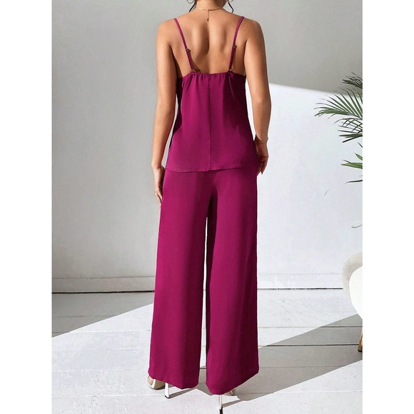 2 piece set: Draped Collar Cami Top Wide Leg Pants maroon red - Picture 11 of 11